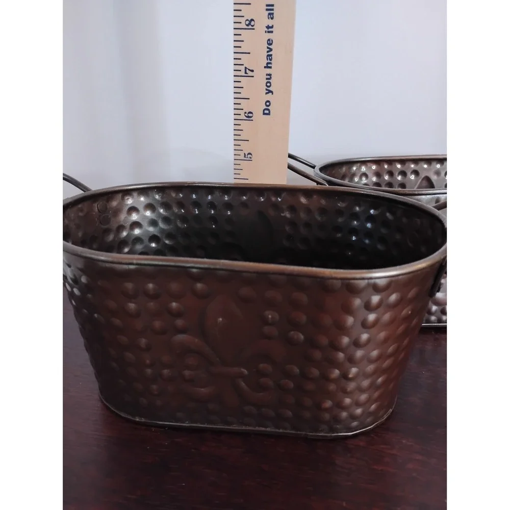 Set of 2 Hammered Metal Fleur de Lis Oval Planters Bronze Antique Copper Finish